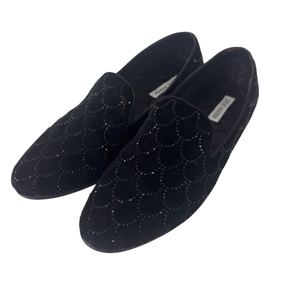 Steve Madden Triton Mens 12 Black Velvet Rhinestone Scalloped Loafers Shoes